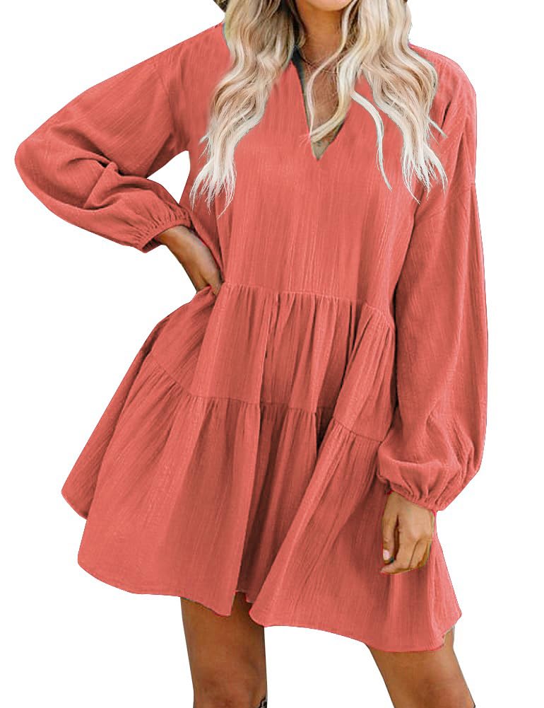 FANCYINN Summer Shift Tunic Dress for Women Lantern Long Sleeve Causal Vneck Babydoll Ruffle Mini Dress Tangerine M - Image 1